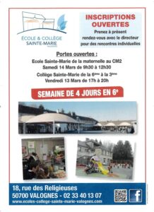 Portes ouvertes à Sainte Marie le 13/03 de 17h à 20h       le 14/03 de 9h30 à 12h30